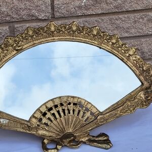 Vintage Fan Shape Mirror Ornate Gld Tone Brass Tabletop Vanity Hollywood Regency